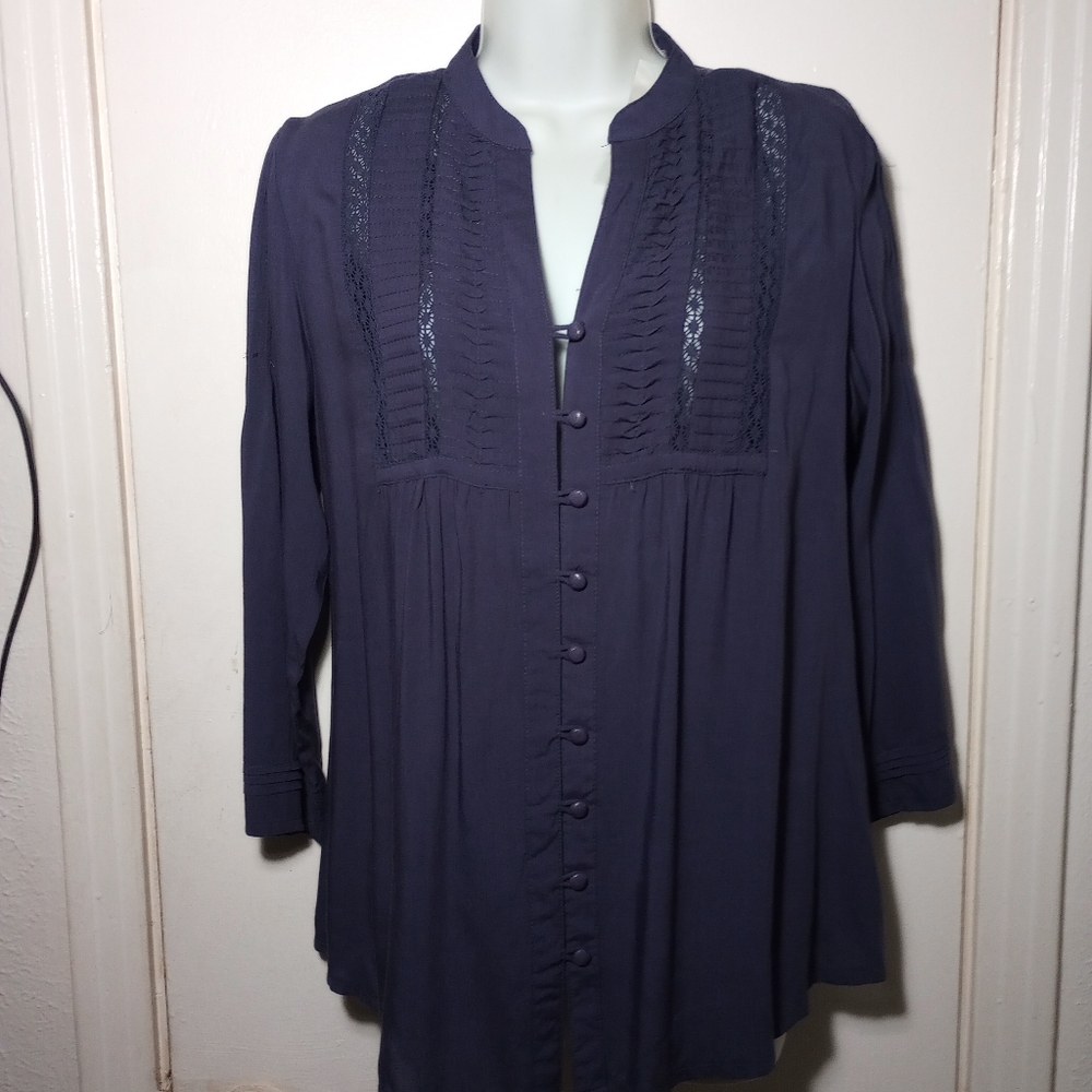 NWTAnthropologie SOLITAIRE BY RAVI KHOSLA Navy Crochet Peasant Blouse Size Small - Picture 2 of 14